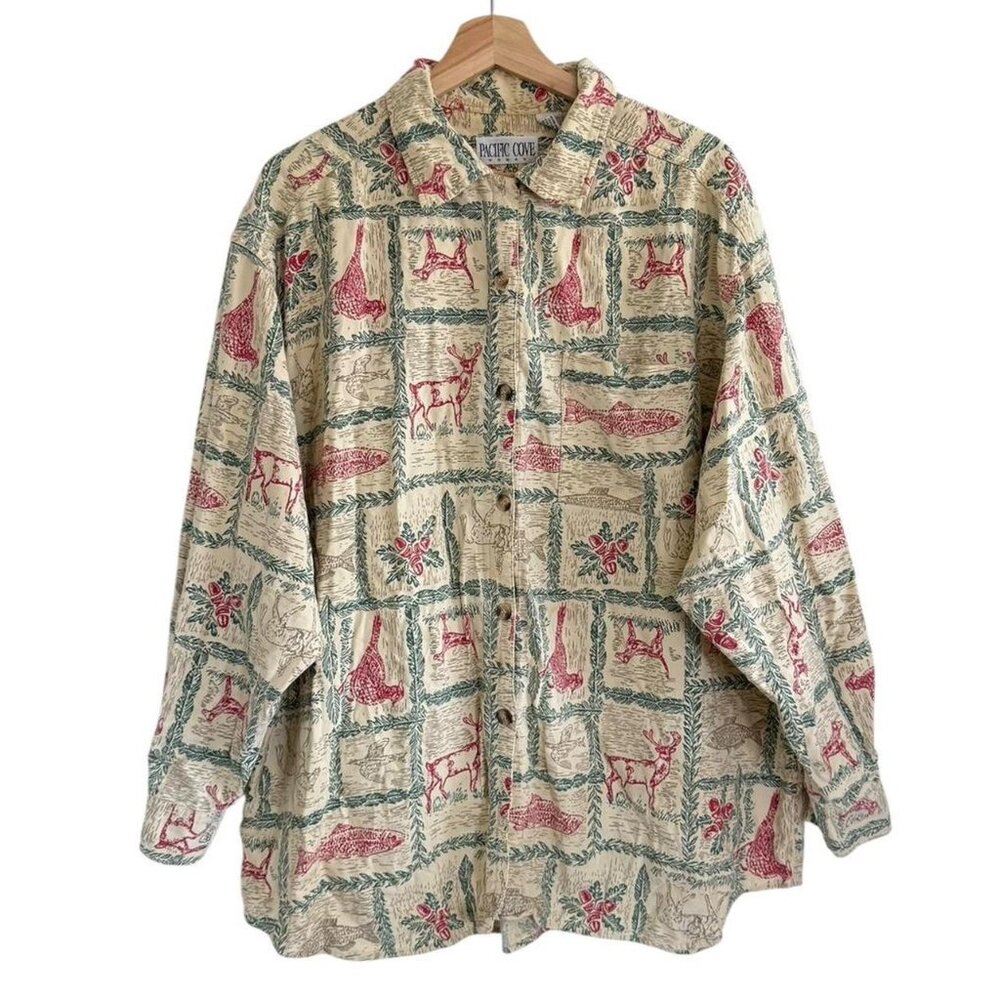 PACIFIC COVE RETRO FISH ELK CREAM RED WESTERN BUTTON UP SHIRT SIZE XXL